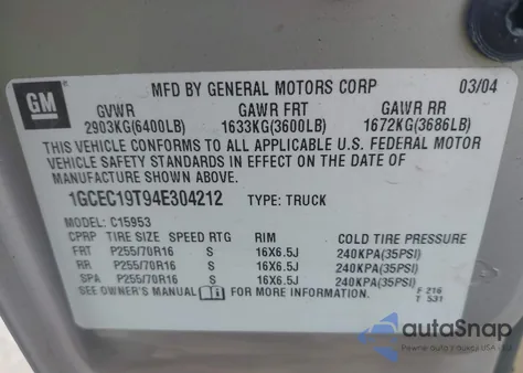 2004 Chevrolet Silverado 1500 Ls из США, поврежденный, VIN 1GCEC19T94E304212